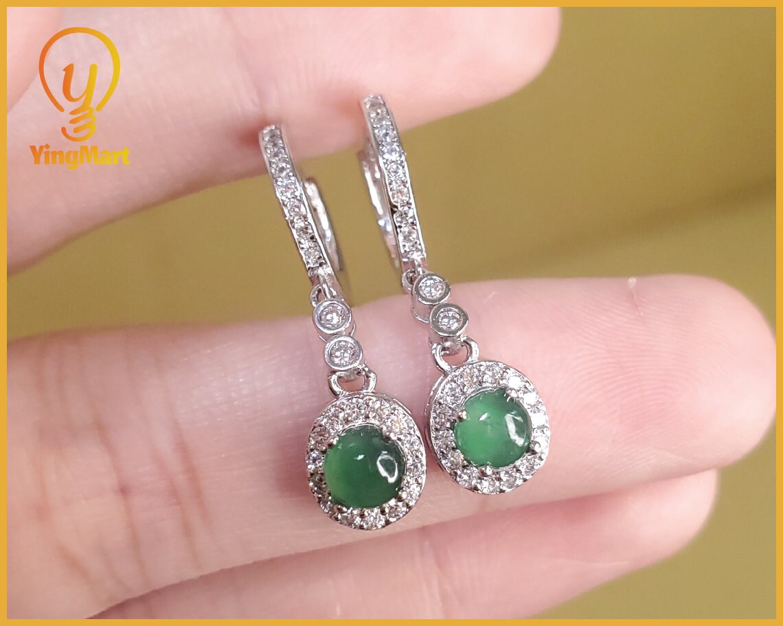 Yingmart Certified Genuine Icy Green Burmese Type A Jadeite Jade Gemstone Earrings Made With 925 Sterling Silver earrings, Gift for Women