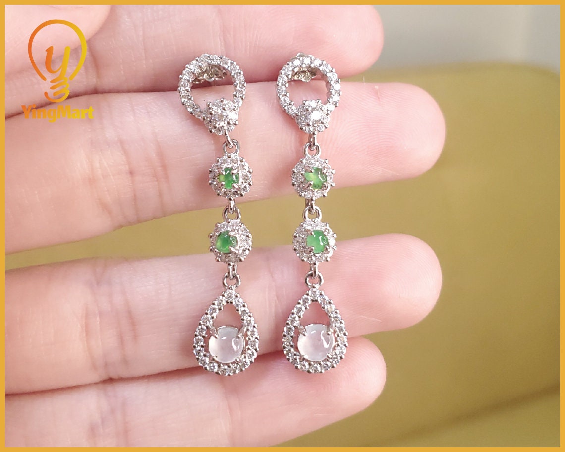 Yingmart Certified Genuine Icy Green & White Burmese Type A Jadeite Jade Gemstone Earrings Made With S925  Silver earrings, Gift for Women