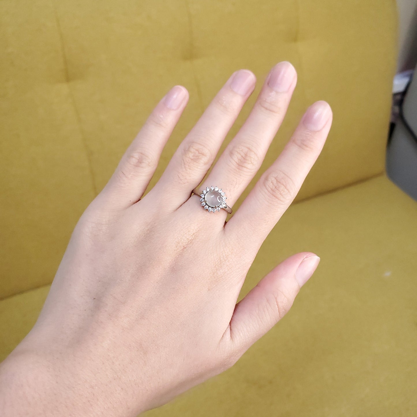 Yingmart Genuine Icy White Round Burmese Type A Jadeite Jade Gemstone Ring Made With 925 Sterling Silver, CZ side stone,green jade,