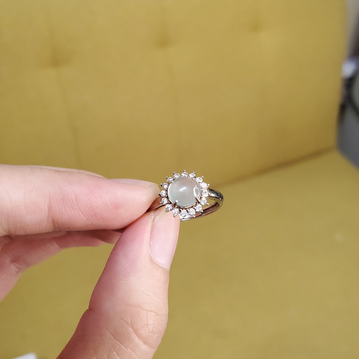 Yingmart Genuine Icy White Round Burmese Type A Jadeite Jade Gemstone Ring Made With 925 Sterling Silver, CZ side stone,green jade,