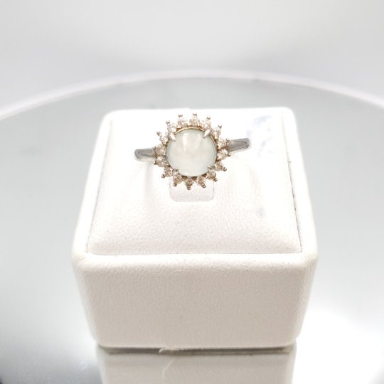 Yingmart Genuine Icy White Round Burmese Type A Jadeite Jade Gemstone Ring Made With 925 Sterling Silver, CZ side stone,green jade,