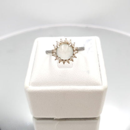 Yingmart Genuine Icy White Round Burmese Type A Jadeite Jade Gemstone Ring Made With 925 Sterling Silver, CZ side stone,green jade,