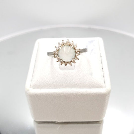 Yingmart Genuine Icy White Round Burmese Type A Jadeite Jade Gemstone Ring Made With 925 Sterling Silver, CZ side stone,green jade,