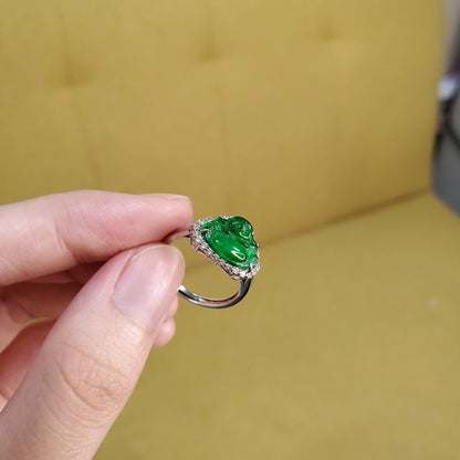 Yingmart Genuine Icy Green Smilling Budha Burmese Type A Jadeite Jade Gemstone Ring Made With 925 Sterling Silver Plated With 18k Gold,CZ