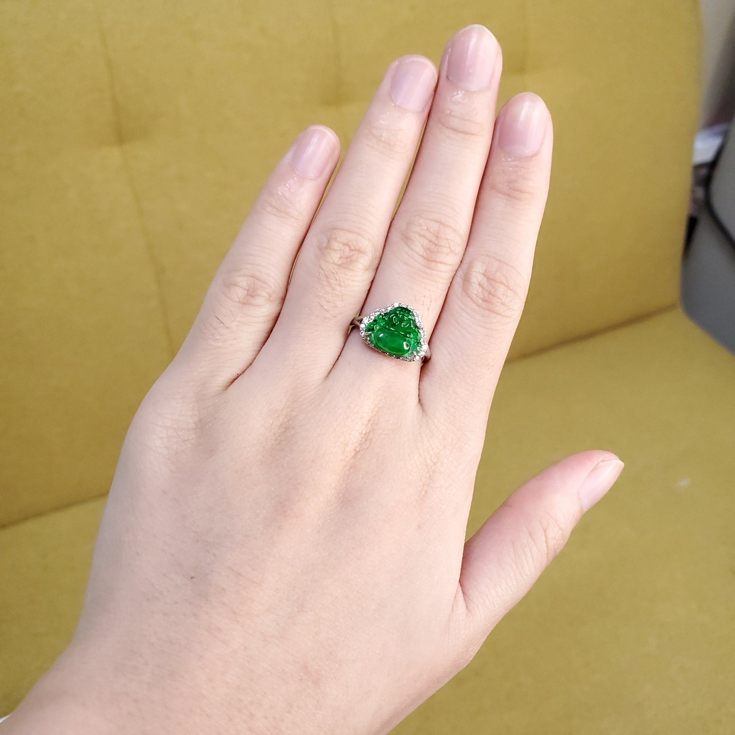 Yingmart Genuine Icy Green Smilling Budha Burmese Type A Jadeite Jade Gemstone Ring Made With 925 Sterling Silver Plated With 18k Gold,CZ