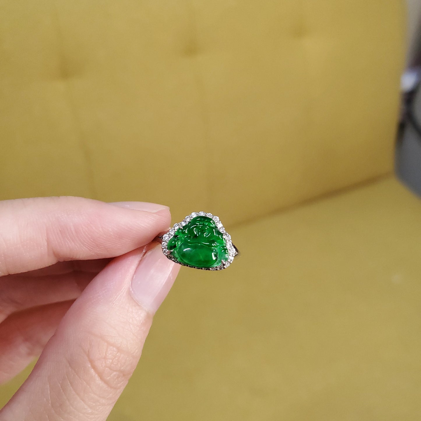 Yingmart Genuine Icy Green Smilling Budha Burmese Type A Jadeite Jade Gemstone Ring Made With 925 Sterling Silver Plated With 18k Gold,CZ