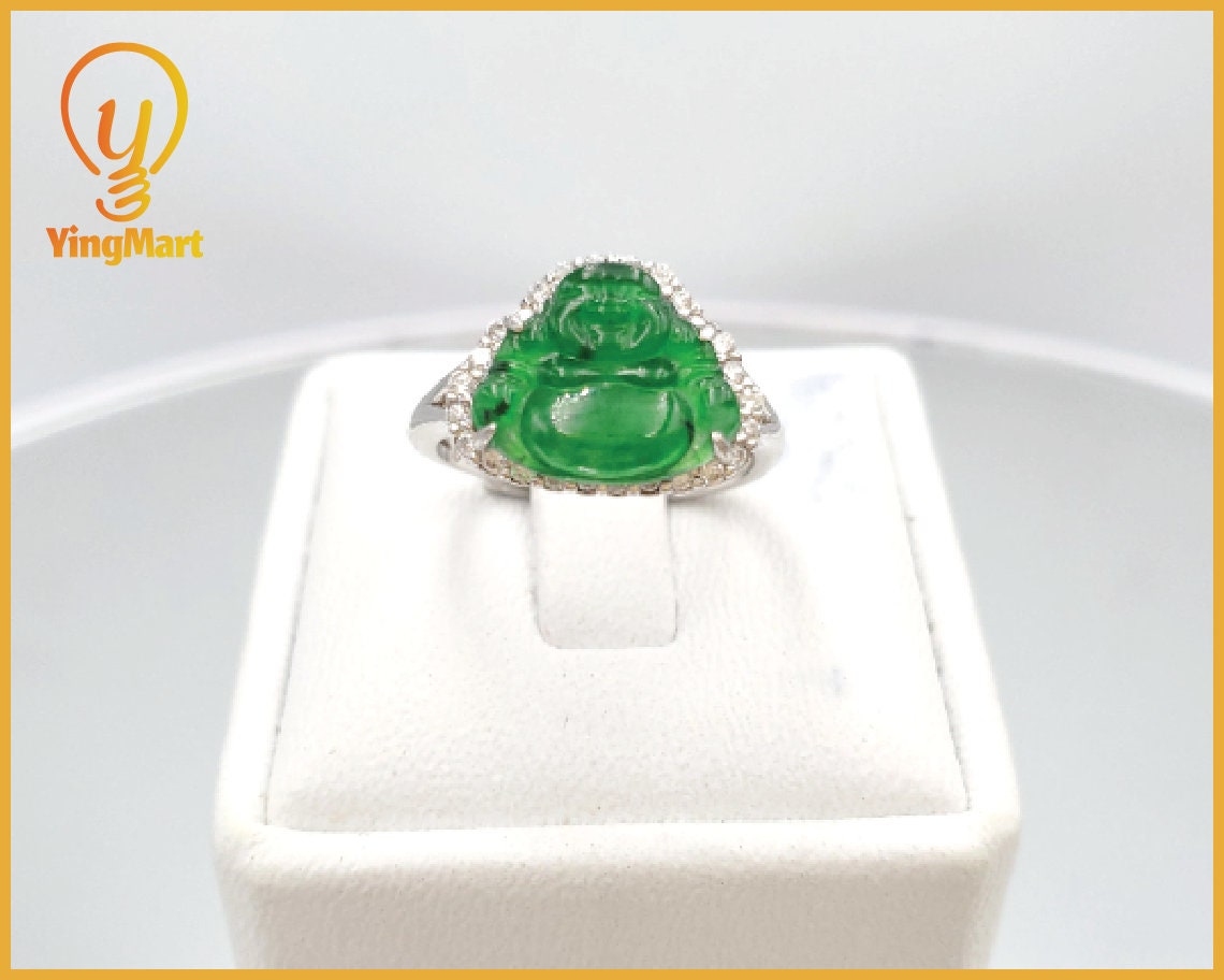 Yingmart Genuine Icy Green Smilling Budha Burmese Type A Jadeite Jade Gemstone Ring Made With 925 Sterling Silver Plated With 18k Gold,CZ