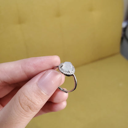 Yingmart Genuine Icy Faced Cut White Burmese Type A Jadeite Jade Gemstone Ring Made With 925 Sterling Silver, CZ side stone,green jade,