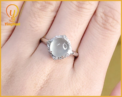 Yingmart luxury 18k white gold icy white round burmese white jadeite jade a gems with real diamonds side stone , gift fo her, vintage