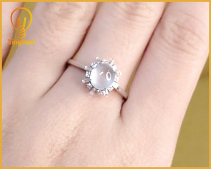 Yingmart luxury 18k white gold ovan white icy large burmese white jadeite jade a gems with real diamonds side stone , gift fo her, vintage