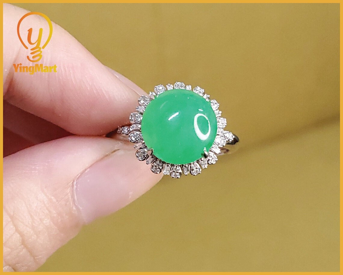 Yingmart luxury 18k white gold large round icy apple green burmese jadeite jade a gems with real diamonds side stone , gift fo her, vintage