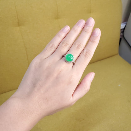 Yingmart luxury 18k white gold large round icy apple green burmese jadeite jade a gems with real diamonds side stone , gift fo her, vintage