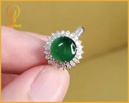 Yingmart luxury 18k white gold green vivid icy burmese jadeite jade a gems with 3 layers real diamonds side stone , gift fo her, vintage