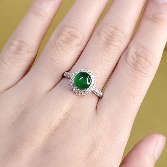 Yingmart luxury 18k white gold green vivid icy burmese jadeite jade a gems with 3 layers real diamonds side stone , gift fo her, vintage