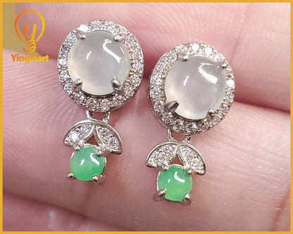 Yingmart certified genuine icy Green & White  burmese type a jadeite jade gemstone earrings made with S925  silver earrings, gift for women