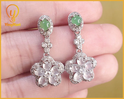 Yingmart certified genuine icy White & Green burmese type a jadeite jade gemstone earrings made with S925 silver earrings, gift for women