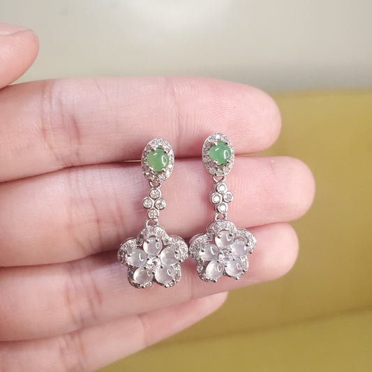 Yingmart certified genuine icy White & Green burmese type a jadeite jade gemstone earrings made with S925 silver earrings, gift for women