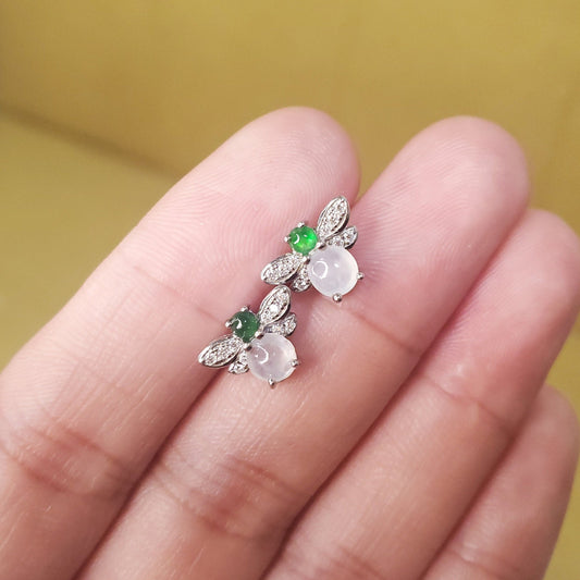 Yingmart certified genuine icy Green & White burmese type a jadeite jade gemstone earrings made with S925  silver earrings, gift for women
