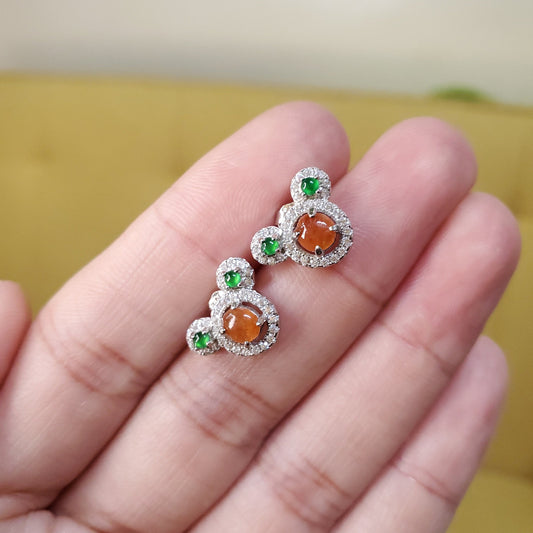 Yingmart certified genuine icy Green & Orange burmese type a jadeite jade gemstone earrings made with S925  silver earrings, gift for women