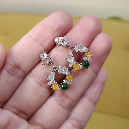 Yingmart certified genuine icy Green, Yellow & White burmese type a jadeite jade gemstone earrings made with 925 sterling silver earrings