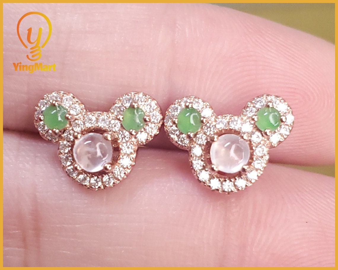 Yingmart certified genuine icy Green & White  burmese type a jadeite jade gemstone earrings made with S925 silver earrings, gift for women