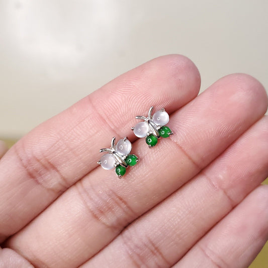 Yingmart certified genuine icy Green & White burmese type a jadeite jade gemstone earrings made with S925 silver earrings, gift for women