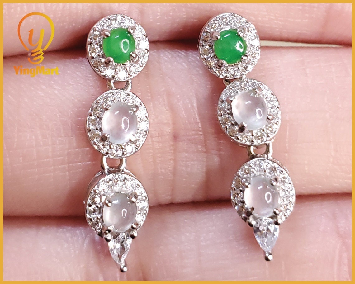 Yingmart certified genuine icy Green & White burmese type a jadeite jade gemstone earrings made with S925 silver earrings, gift for women