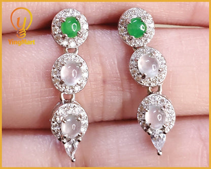 Yingmart certified genuine icy Green & White burmese type a jadeite jade gemstone earrings made with S925 silver earrings, gift for women