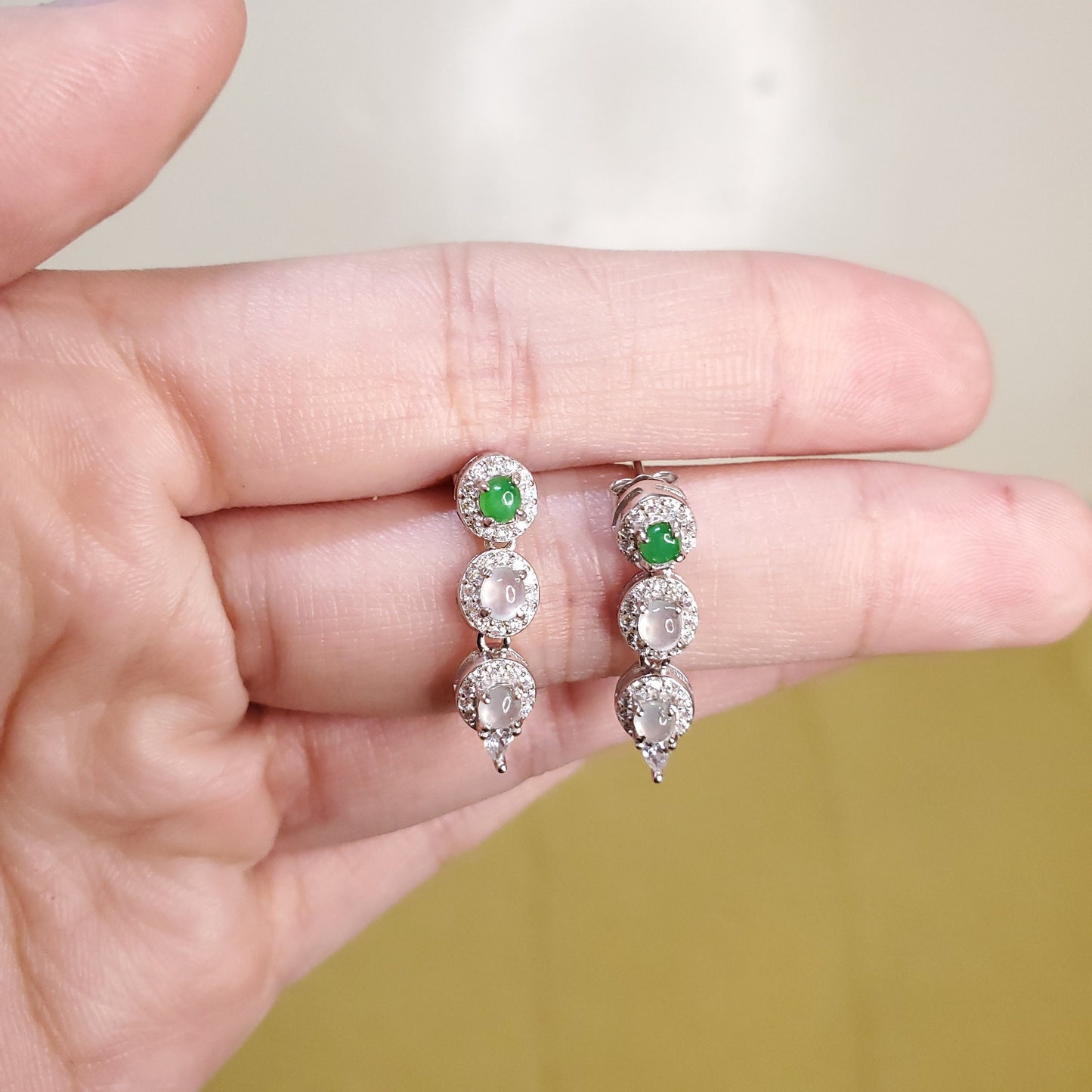 Yingmart certified genuine icy Green & White burmese type a jadeite jade gemstone earrings made with S925 silver earrings, gift for women