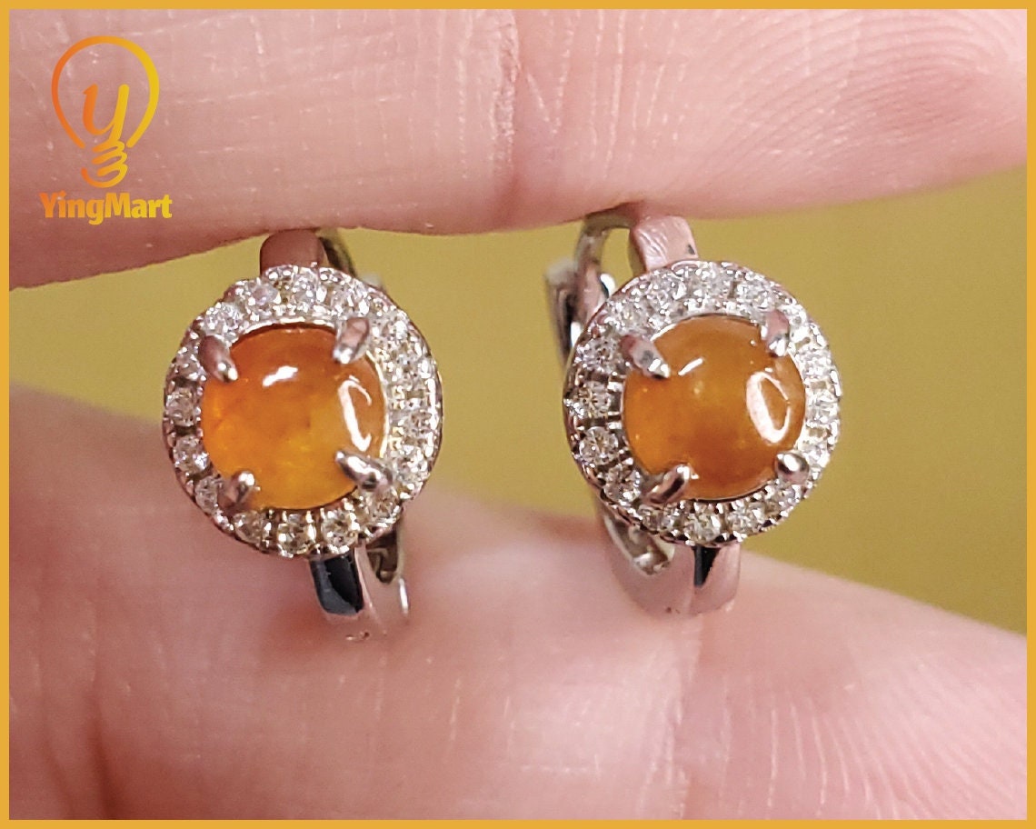 Yingmart certified genuine icy Orange burmese type a jadeite jade gemstone earrings made with 925 sterling silver earrings, gift for women