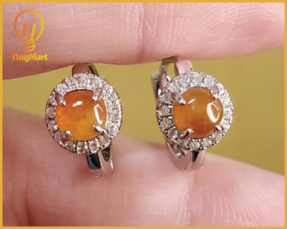 Yingmart certified genuine icy Orange burmese type a jadeite jade gemstone earrings made with 925 sterling silver earrings, gift for women