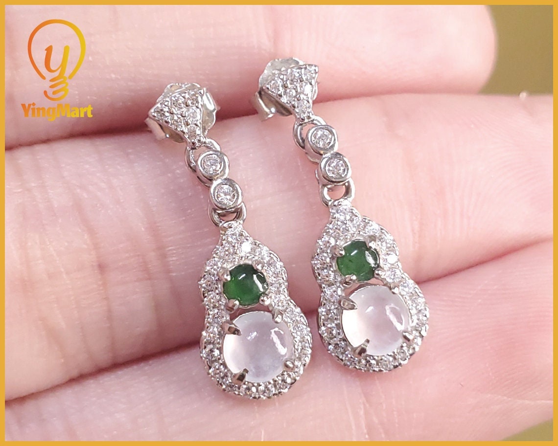 Yingmart certified genuine icy Green & White burmese type a jadeite jade gemstone earrings made with S925  silver earrings, gift for women