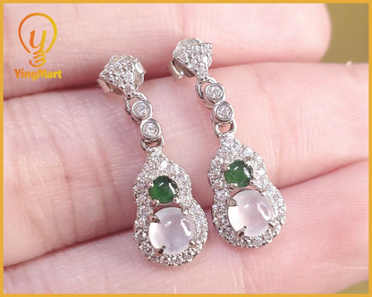 Yingmart certified genuine icy Green & White burmese type a jadeite jade gemstone earrings made with S925  silver earrings, gift for women