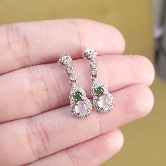 Yingmart certified genuine icy Green & White burmese type a jadeite jade gemstone earrings made with S925  silver earrings, gift for women