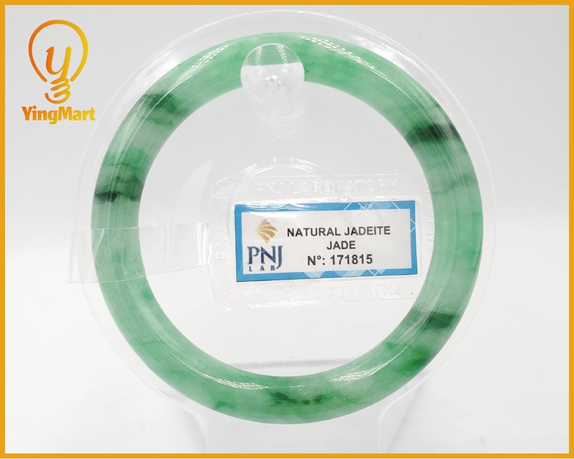 Yingmart 53 to 56mm PNJ certified natural color green with black brown spot jadeite jade bangle bracelet, real gemstone, jewelry