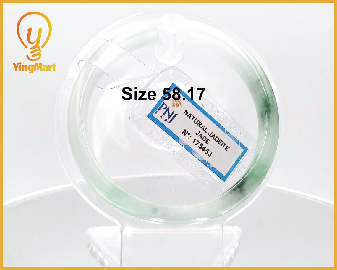 Yingmart 58mm PNJ175453 Certified Natural Greenish grey white to green, grey spots jadeite jade bangle , Real Gemstone Bracelet