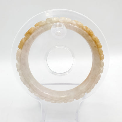 Yingmart 50mm High quality Burma color white to yellow blossom flower carved semi-translucent Jadeite bangle jade, flower carved bracelet