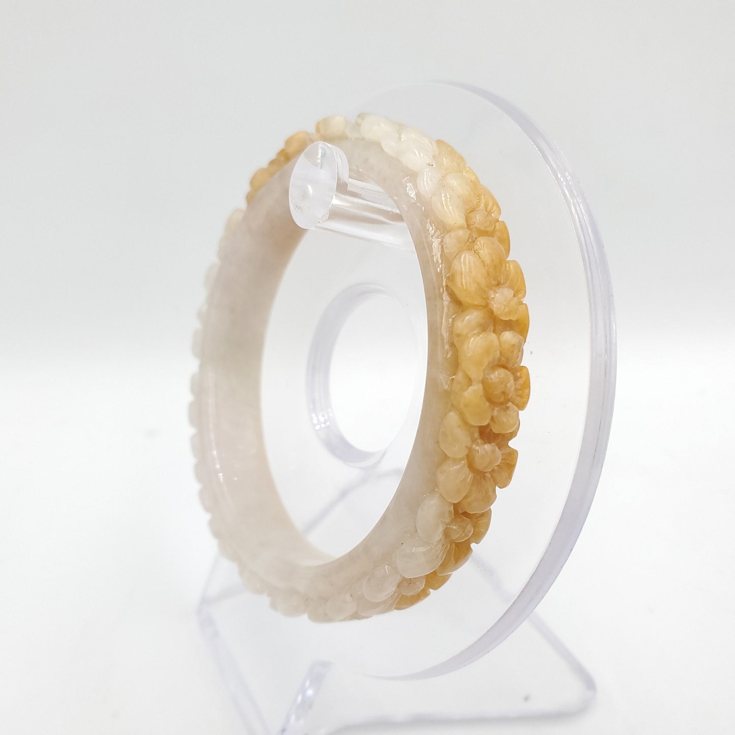Yingmart 50mm High quality Burma color white to yellow blossom flower carved semi-translucent Jadeite bangle jade, flower carved bracelet