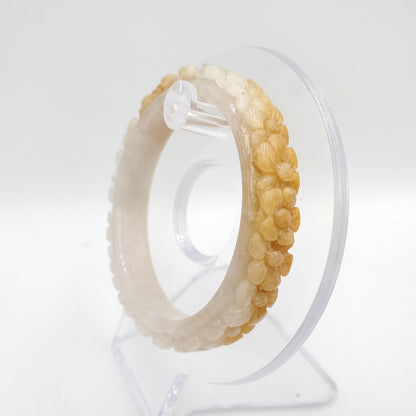 Yingmart 50mm High quality Burma color white to yellow blossom flower carved semi-translucent Jadeite bangle jade, flower carved bracelet