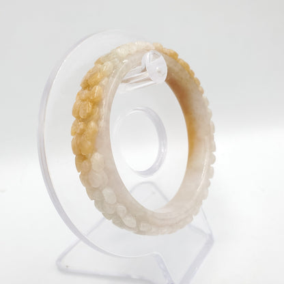 Yingmart 50mm High quality Burma color white to yellow blossom flower carved semi-translucent Jadeite bangle jade, flower carved bracelet