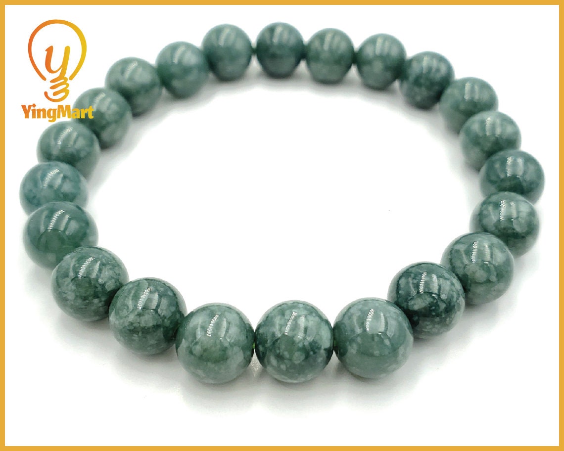 Yingmart BRJG06 Genuine Dark Green Floating White Spot Myanmar Jade A Jadeite, Burmese Myanmar Gemstones,Real Gemstone Bracelet