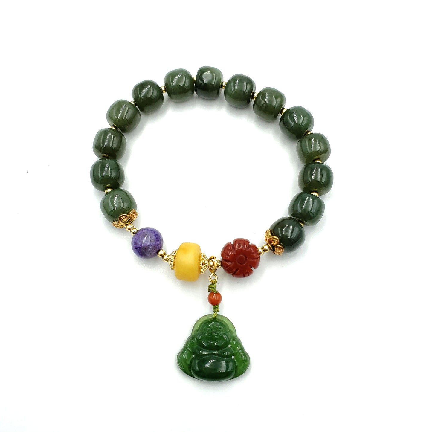 Yingmart BRNG0002 Smilling Budha natural Nephrite Jade stone bracelet  , Untreated Round Drum Spinach green bead bracelet