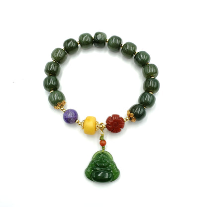 Yingmart BRNG0002 Smilling Budha natural Nephrite Jade stone bracelet  , Untreated Round Drum Spinach green bead bracelet