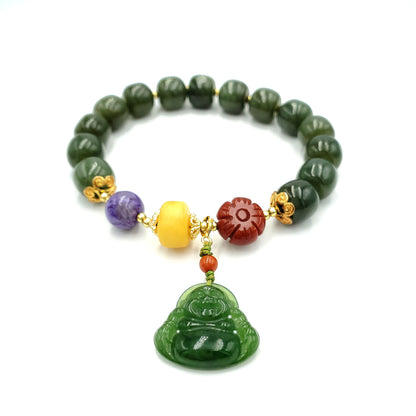 Yingmart BRNG0002 Smilling Budha natural Nephrite Jade stone bracelet  , Untreated Round Drum Spinach green bead bracelet