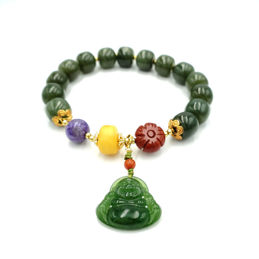 Yingmart BRNG0002 Smilling Budha natural Nephrite Jade stone bracelet  , Untreated Round Drum Spinach green bead bracelet