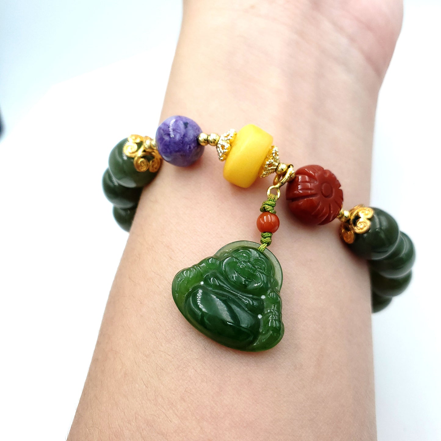 Yingmart BRNG0002 Smilling Budha natural Nephrite Jade stone bracelet  , Untreated Round Drum Spinach green bead bracelet