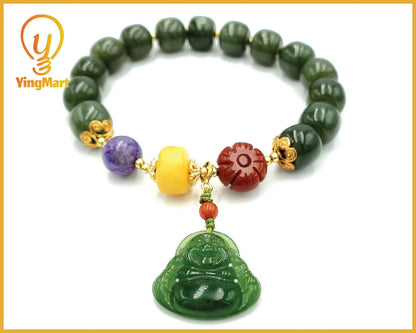 Yingmart BRNG0002 Smilling Budha natural Nephrite Jade stone bracelet  , Untreated Round Drum Spinach green bead bracelet