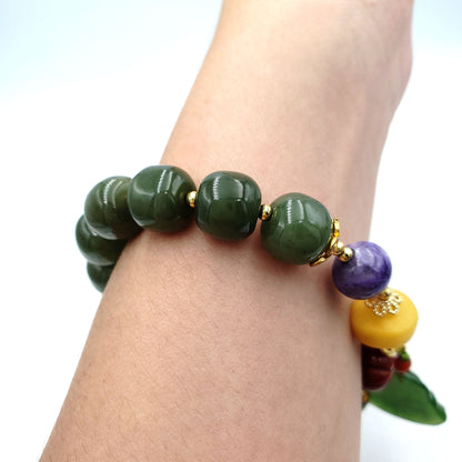Yingmart BRNG0002 Smilling Budha natural Nephrite Jade stone bracelet  , Untreated Round Drum Spinach green bead bracelet