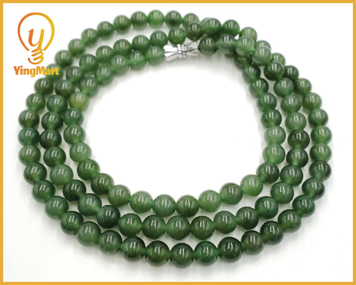 Yingmart  Natural Nephrite Jade stone bracelet necklace , Untreated Black bead bracelet, Vintage Jewelry