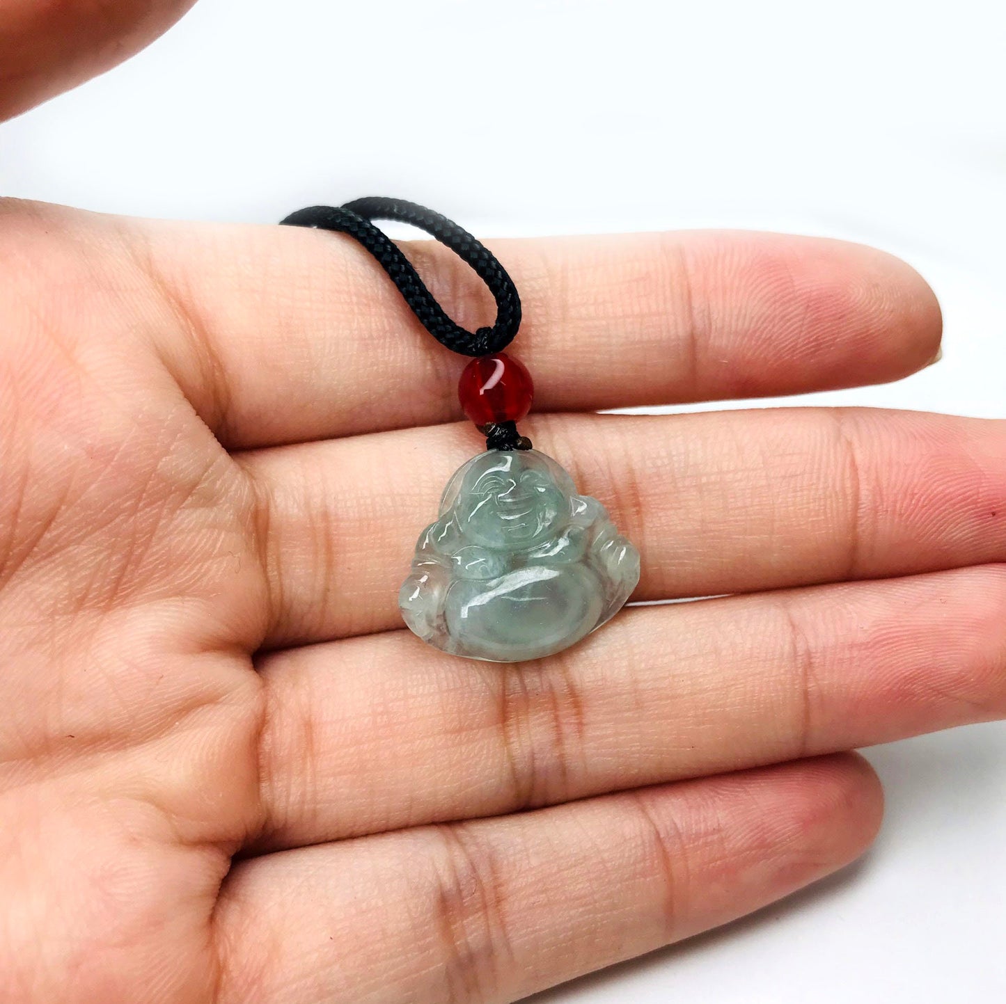 Yingmart Light Green Smiling Buddha Natural Jade Stone Charm Carved Pendant Necklace,Good Luck Keychain, Protection, Good Fortune Keychain